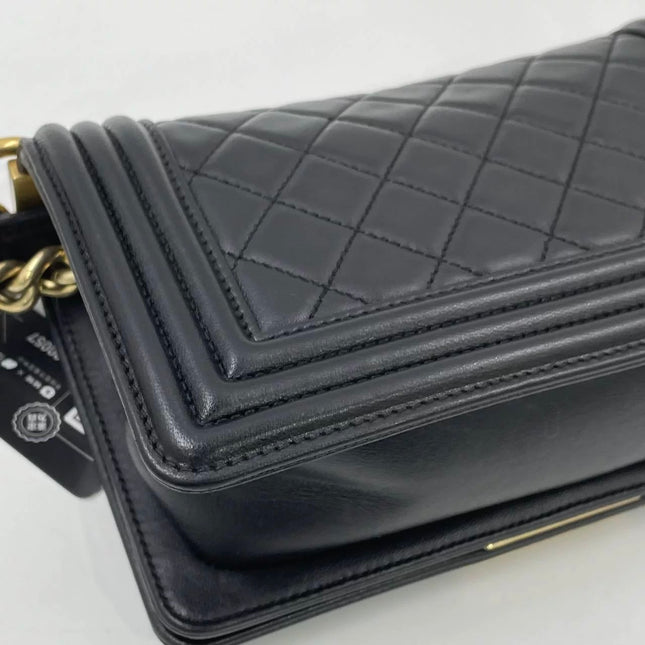Chanel Le Boy Small Black Lambskin Leather Antiqued Gold Hardware
