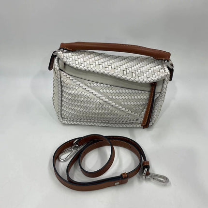 Loewe Puzzle Small Leather Woven Braided White Crossbody Bag