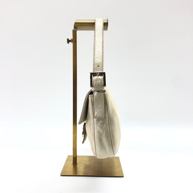 FENDI Baguette 1997 White Pearlescent Fabric Crystal Buckle Shoulder Bag