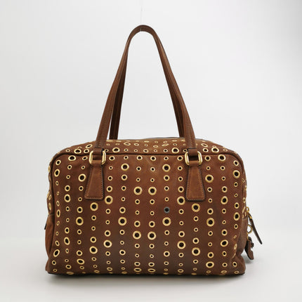Prada Brown Grommet Calfskin Leather Gold Ringlet Shoulder Bag