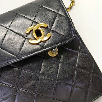 Chanel Vintage Double CC Turnlock Small Black Lambskin Leather 2Way Shoulder Bag