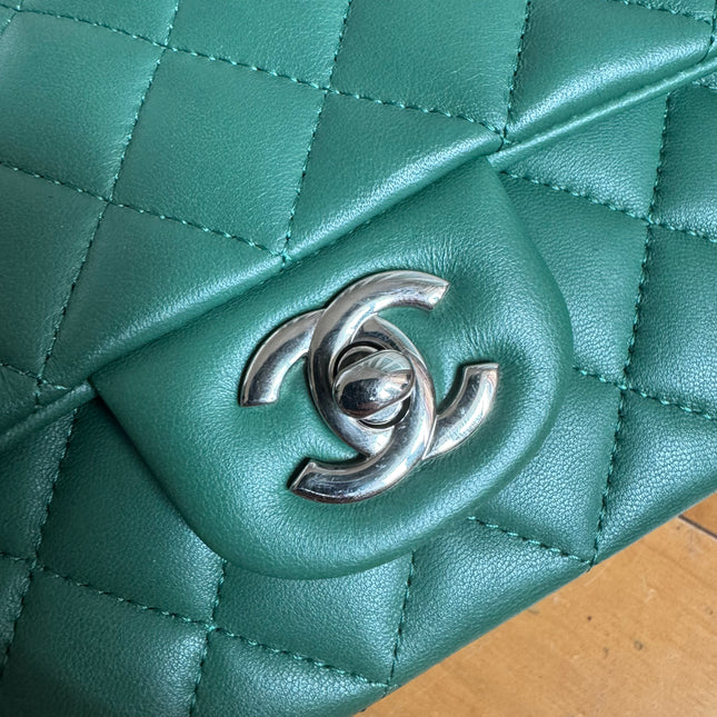 Chanel Classic Flap Mini Rectangular Green Lambskin Leather Silver Hardware