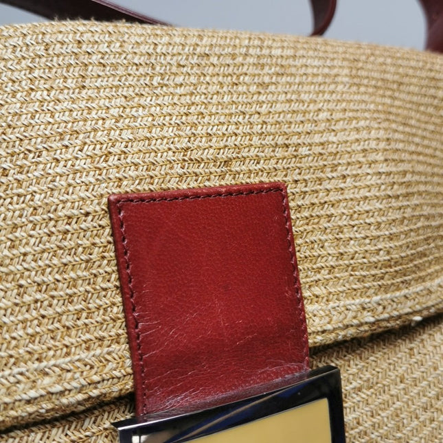 Sold Fendi Mamma Baguette Raffia Straw Shoulder Bag Red Leather Strap