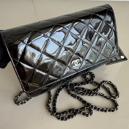 Chanel Wallet on Chain Classic Flap Black Patent Leather Silver Hardware