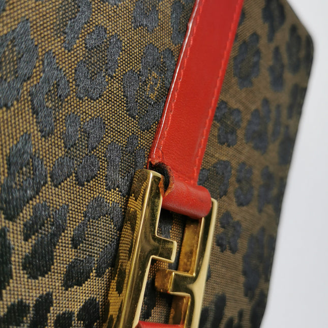 Fendi Clutch Denim Leopard Print with Red Leather Handles