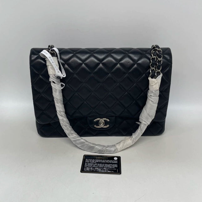 Chanel Classic Flap Maxi Black Lambskin Leather Double Flap Silver Hardware 2011-2012