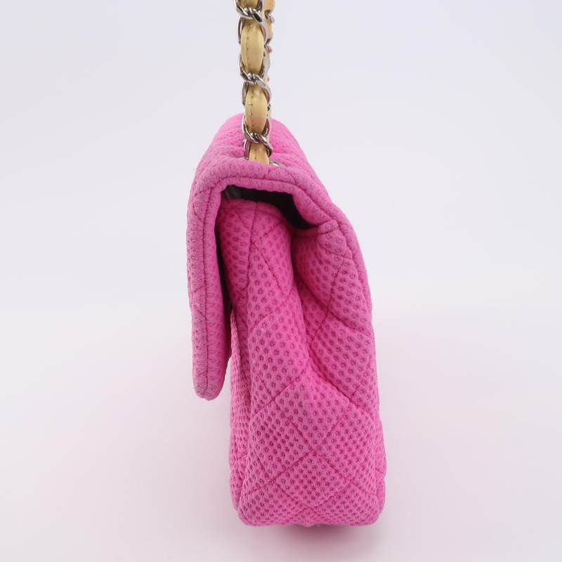 Chanel Flap Bag Medium Pink Perforated Fabric Yellow Patent Leather Stap 2009-2010