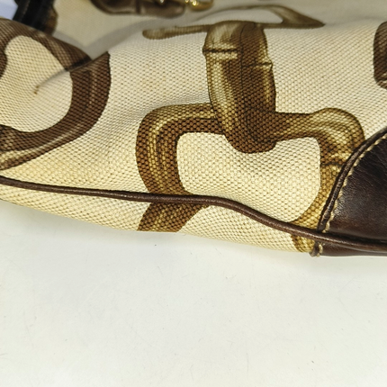 Gucci Jackie Vintage Medium Horsebit Print Cloth and Brown Leather Gold Hardware