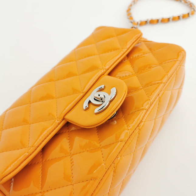 Chanel Classic Flap Mini Orange Patent Leather Silver Hardware