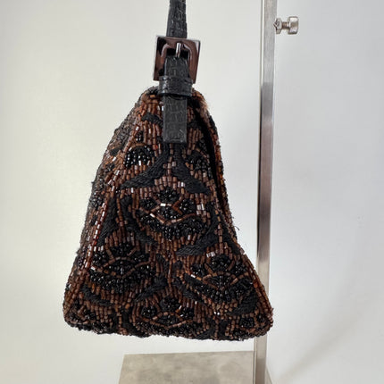 Fendi Mini Mamma Baguette Brown Glitter Beads Floral Embroidery