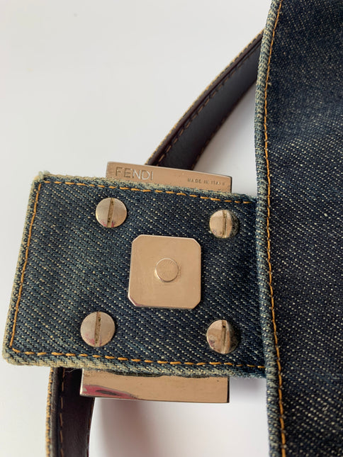 Sold FENDI Baguette Blue Denim with beaded Flower Embroidery