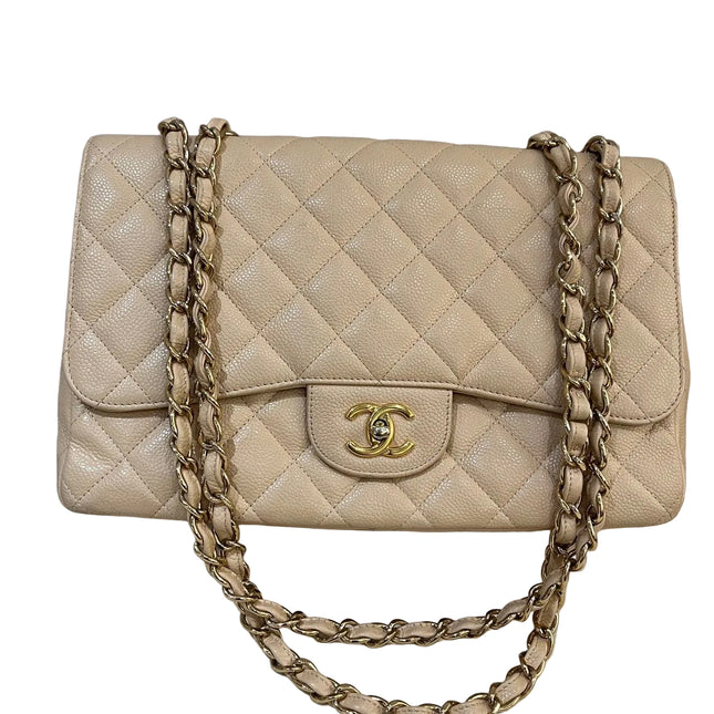Chanel Classic Flap Jumbo Beige Caviar Leather Single Flap Silver Hardware-Luxbags