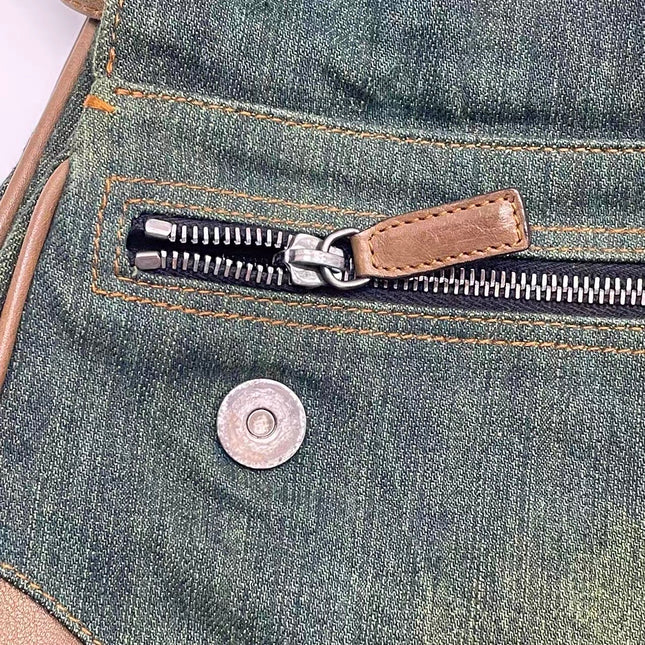 Dior Vintage Gaucho Large Green Denim Brown Leather Crossbody Bag