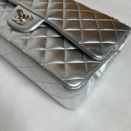 Chanel Classic Flap Medium Silver Lambskin Leather Silver Hardware