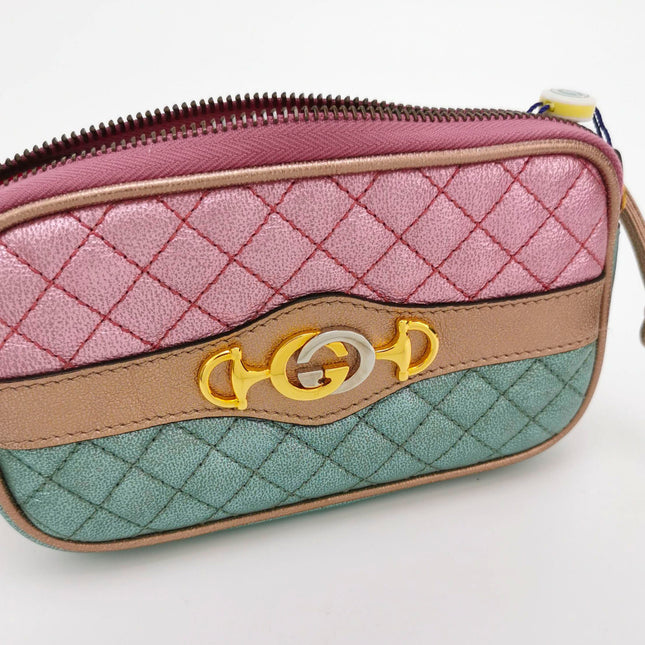 Sold Gucci Pink Teal Mini Metallic Laminated Trapuntata Leather Horsebit Clutch Pouch