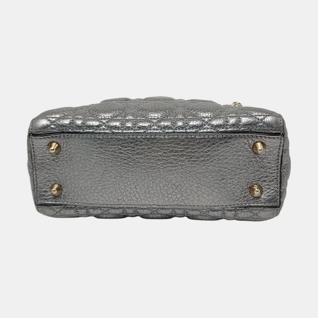 Lady Dior Small Supple Calfskin Leather Metallic Grey Cannage Handbag with Strap