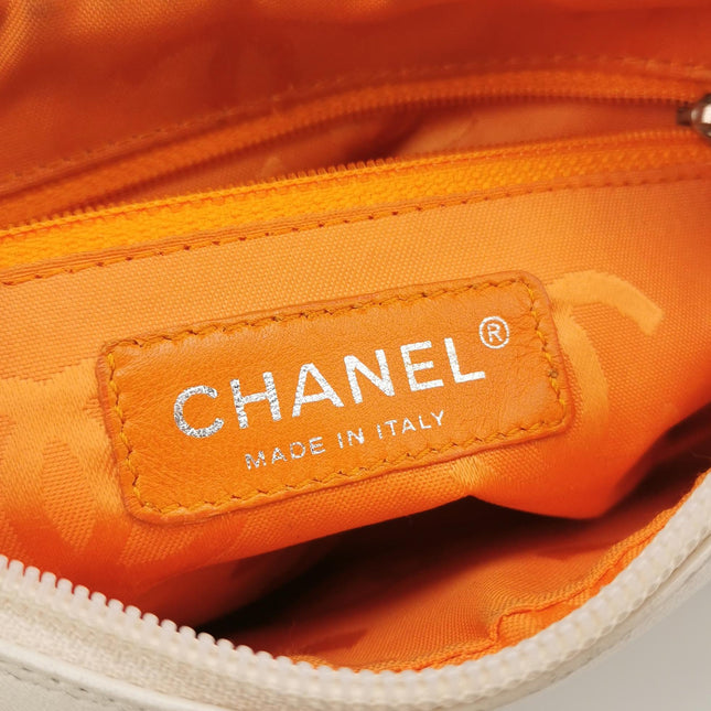 Chanel Cambon Clutch White Leather Snake Skin CC Logo Black Strap