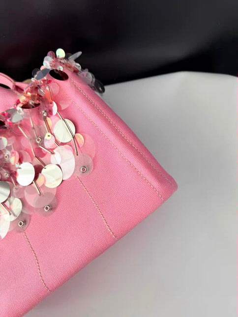 Prada Canape Small Pink Canvas with Sequins Top Handle Bag with Strap Rare