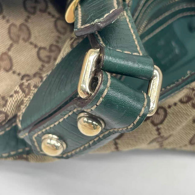 Gucci Large Vintage Green Leather and Monogram Side Horsebit Shoulder Bag
