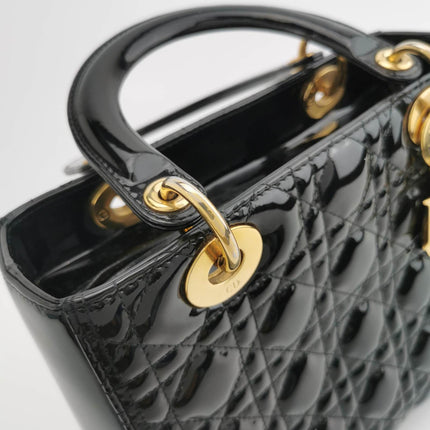 Sold Lady Dior Medium Black Patent Leather Handbag with Gold Hardware