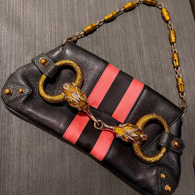 Gucci Horsebit 1955 Small Black Leather Embellished Snake Head Buckle-Luxbags