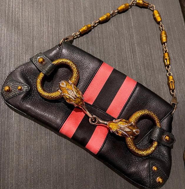 Gucci Horsebit 1955 Small Black Leather Embellished Snake Head Buckle-Luxbags