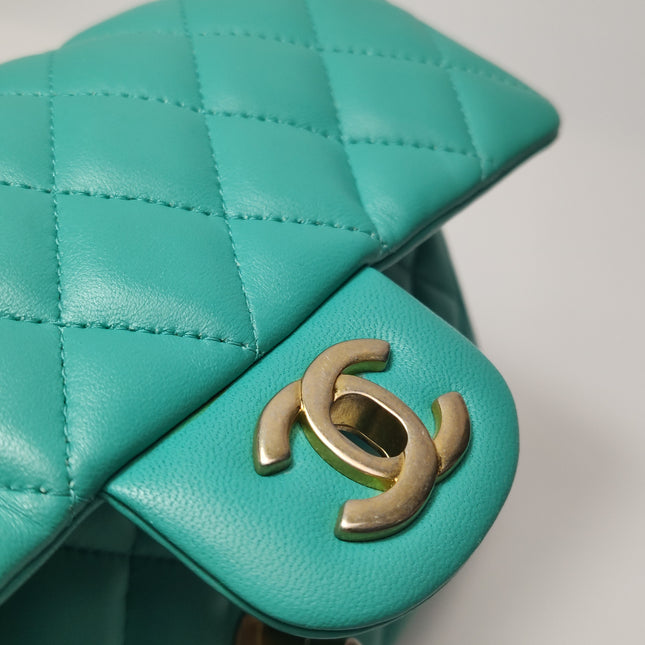Chanel Classic Flap Mini 2018 Turquoise Blue Green Lambskin Leather Gold Hardware