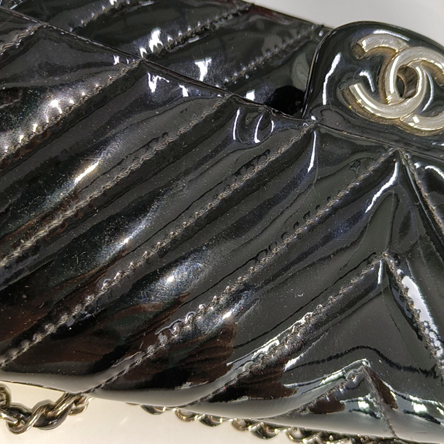 Sold Chanel Baguette Flap Shoulder Bag Chevron Black Patent Leather Silver Double Chain