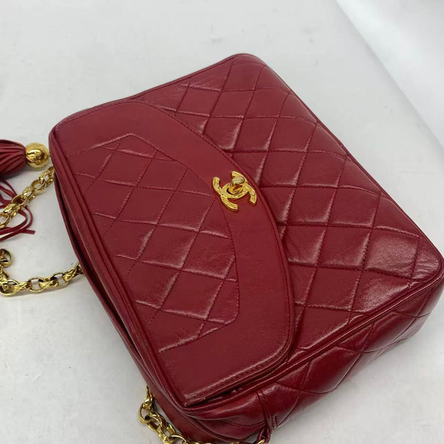 Chanel Vintage Camera Bag Red Lambskin Leather Gold Bajou Chain