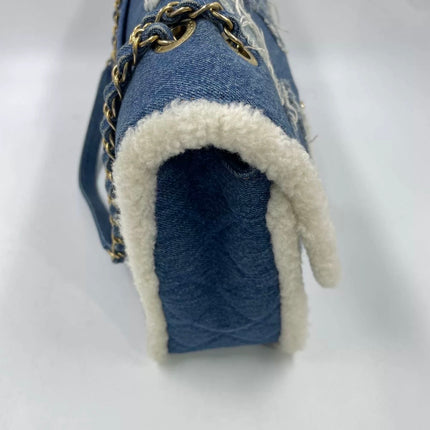 Chanel Blue Denim White Shearling Egyptian Hieroglyph Maxi Flap Bag Gold Hardware, 2019