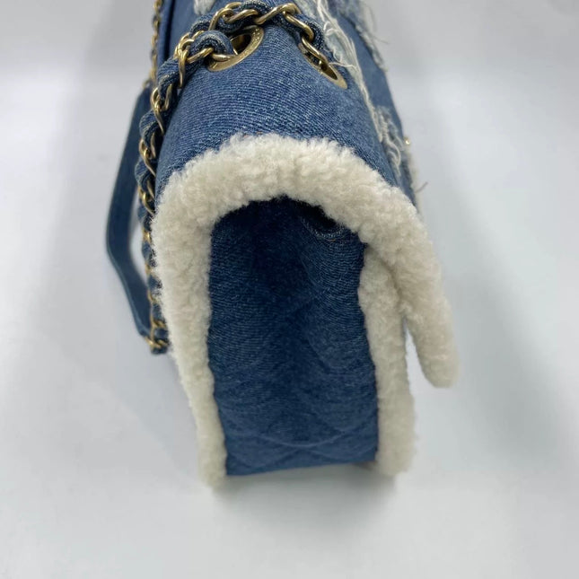 Chanel Blue Denim White Shearling Egyptian Hieroglyph Maxi Flap Bag Gold Hardware, 2019