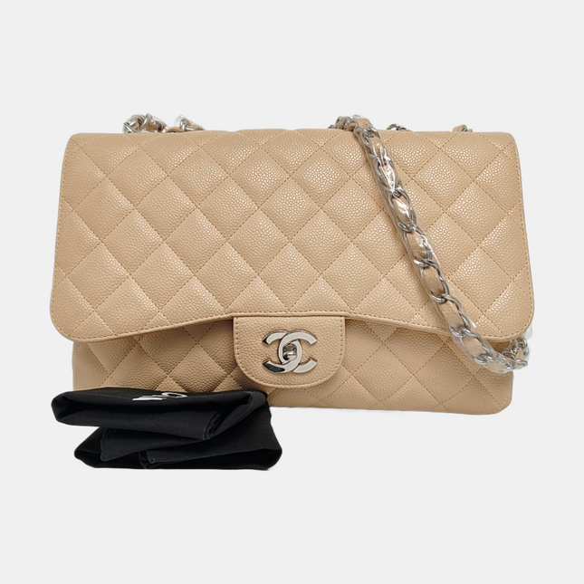 Chanel Classic Flap Jumbo Beige Caviar Leather Single Flap Silver Hardware