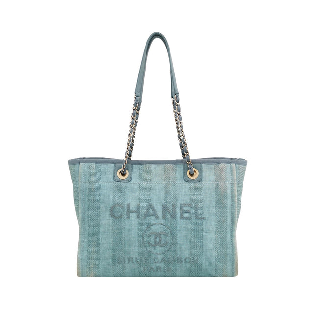 Chanel Deauville Tote Light Blue Turquoise Stripes Cloth Leather Chain Handle Small 34cm-Luxbags