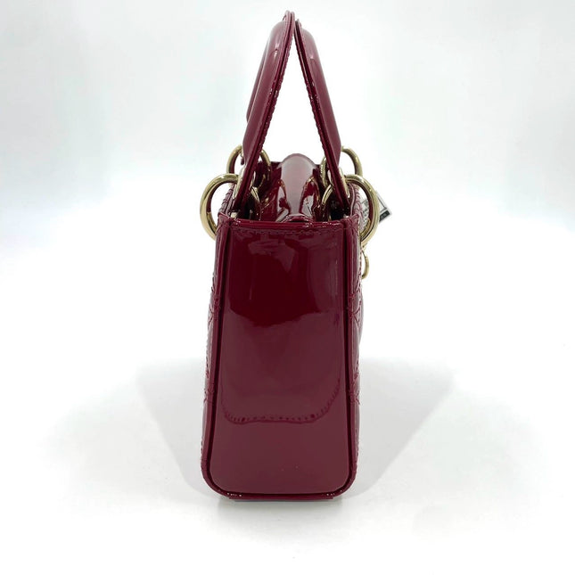 Lady Dior Mini Handbag Burgundy Red Patent Leather Gold-tone Chain Strap