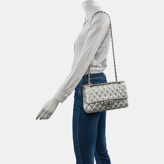 Chanel Classic Flap Medium Silver Lambskin Leather Silver Hardware