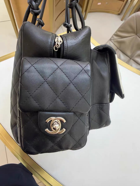 Chanel Cambon Multi-pocket Ligne Reporter Bag Large Black Calfskin Leather White Logo