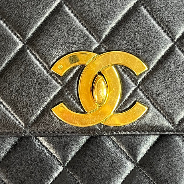 Chanel Vintage Flap Bag Medium Black Lambskin Leather Mega CC Gold Hardwarei