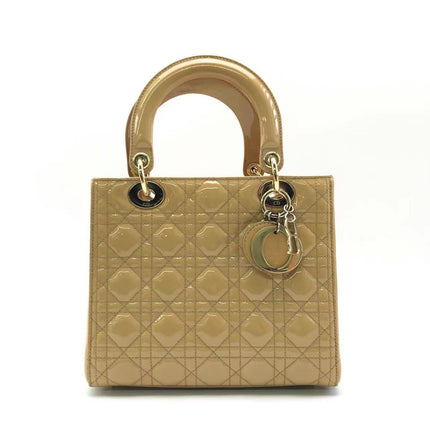 Lady Dior Medium Beige Patent Leather with Silver-tone Hardware-Luxbags