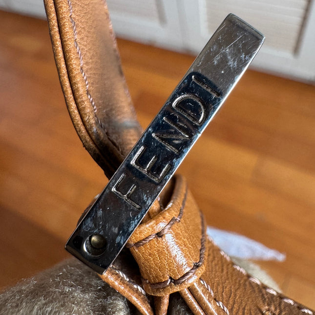 Fendi Mamma Baguette Beige Felt Fabric Silver Hardware Shoulder Bag