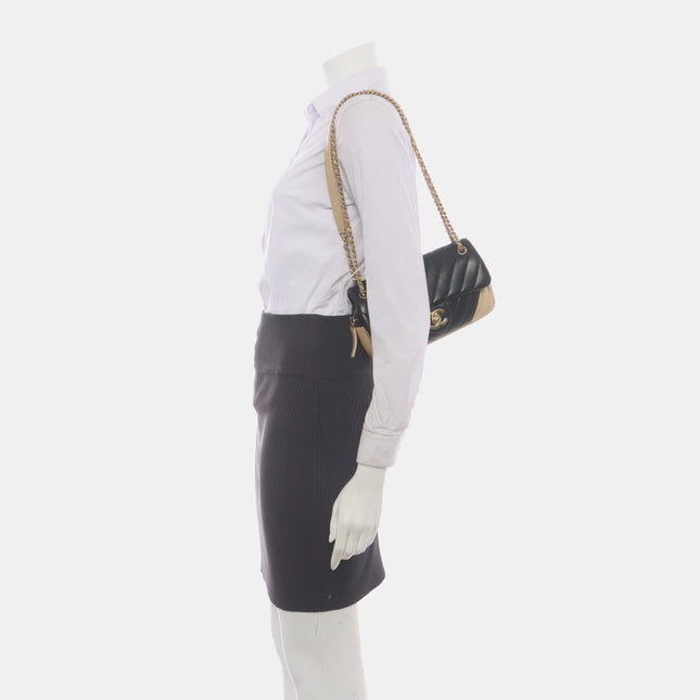 Chanel Small Bicolor Chevron Lambskin Single Flap Bag Black and Gold, 2014-15