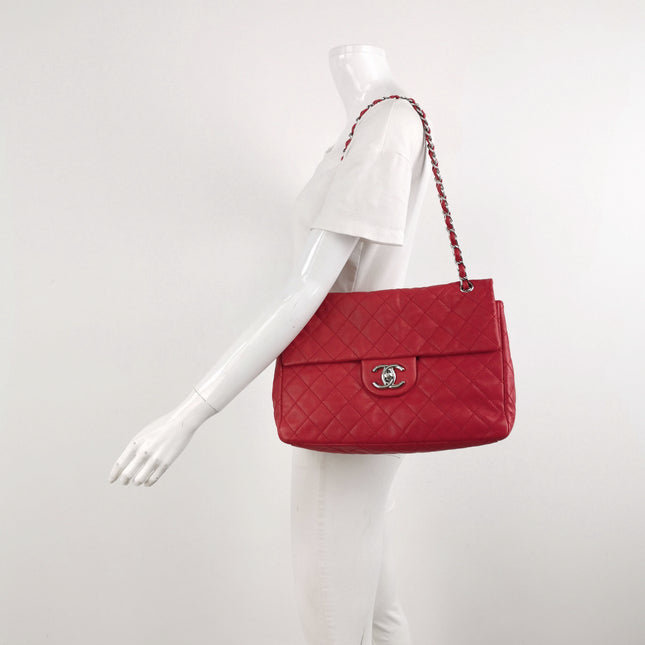 Chanel Classic Flap Maxi Red Caviar Leather Silver-tone Hardware Giant CC Logo