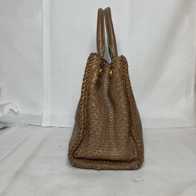 Prada Madras Brown Woven Leather Top Handle Shopping Tote