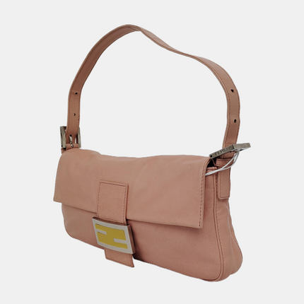 FENDI Baguette Vintage Pink Lambskin Leather Shoulder Bag Silver Hardware