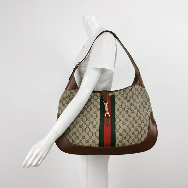 Gucci Jackie 1961 Large Brown Leather and Monogram Web with Long Strap