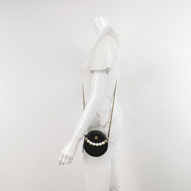 Chanel Round Black Lambskin Leather Crossbody Bag with Matelasse Chain and Pearls