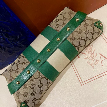 Gucci Horsebit 1955 Chain Cloth Gucci Monogram Green Leather and Gold Studs