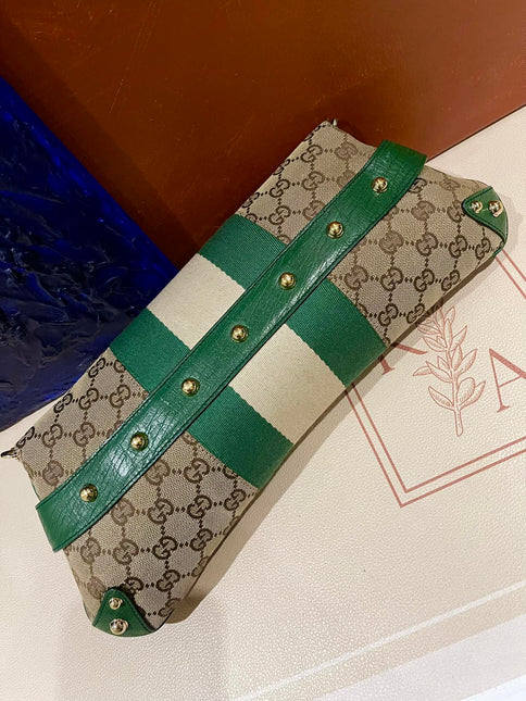 Gucci Horsebit 1955 Chain Cloth Gucci Monogram Green Leather and Gold Studs