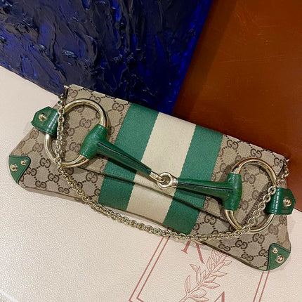 Gucci Horsebit 1955 Chain Cloth Green Web Monogram Leather and Gold Studs-Luxbags
