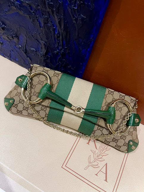 Gucci Horsebit 1955 Chain Cloth Green Web Monogram Leather and Gold Studs-Luxbags