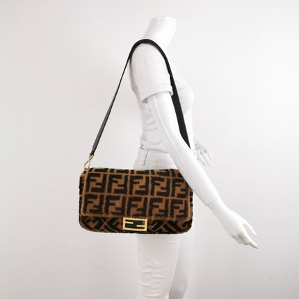 Fendi Baguette Large Shearling Vitello Dolce Marco FF 1974 Tobacco Black Brown Zucca